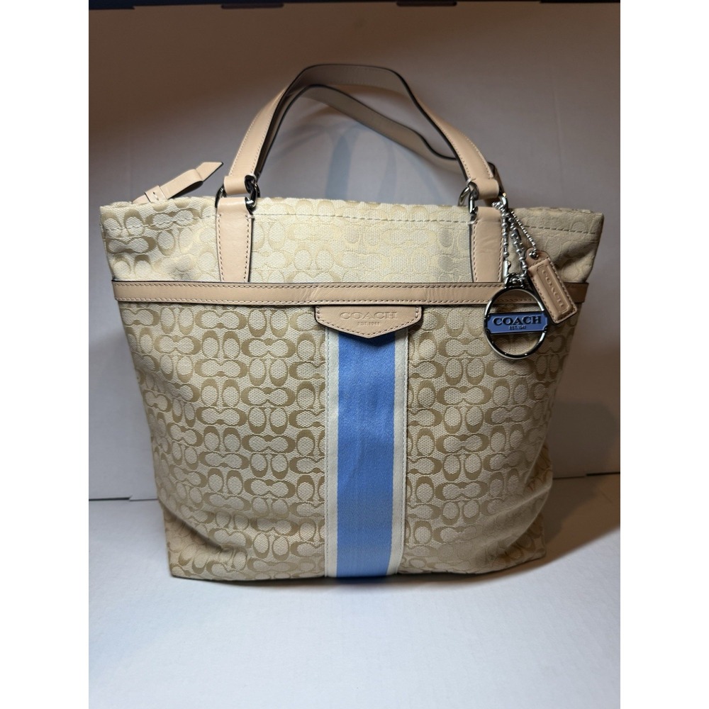 Coach Tote F27008 Signature Stripe Khaki Blue Canvas Leather Trim Handbag